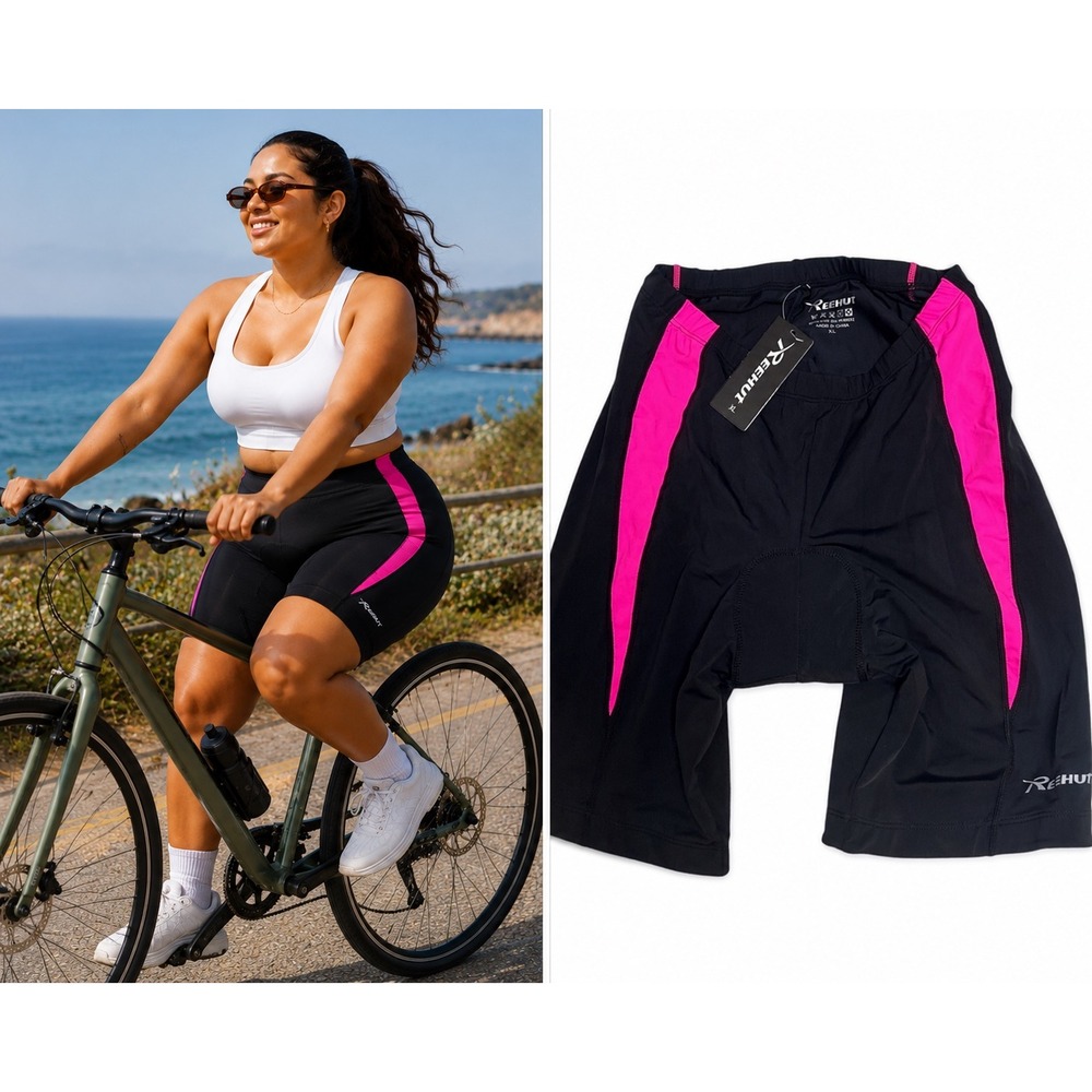 NWT Reehut Cycling Padded Wom Shorts‎ Black Pink XL 3D Gel Cushion Bike Shorts
